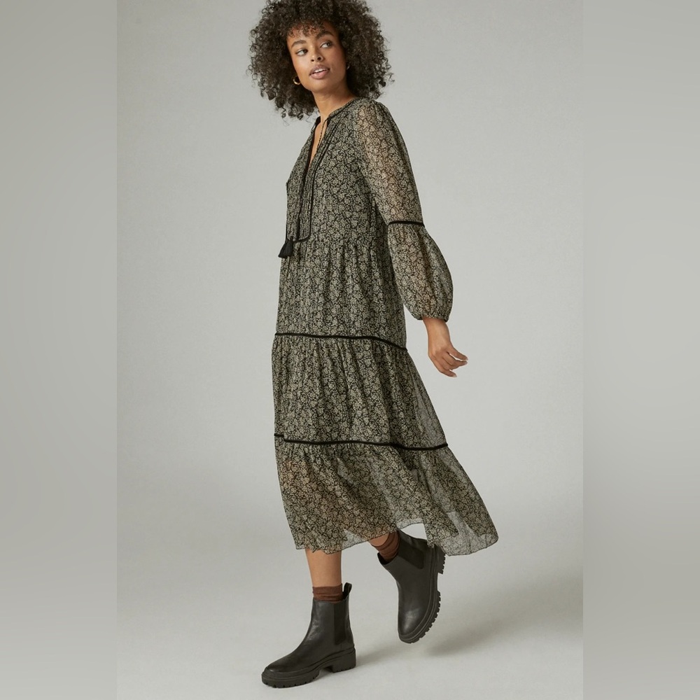 Lucky Brand Olive Green Floral Midi Tiered Dress